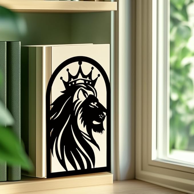 INFUNLY 1 Pair Metal Book Ends for Shelves Crown Lion Non-Skid Bookshelf Holder Stand Black Book Stopper Support for Desktop 7.1x4.7x3.5 for Home Office Library School Kitchen Decor