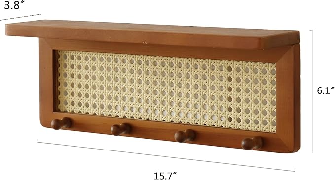 PE Rattan Key Holder with 4 Key Hooks ,Wall Mounted Decorative Floating Shelf for Entryway,Nursery,Mudroom, Hallway, Office (Retro Brown)