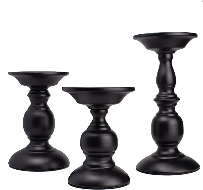 BANOMII Black Pillar Candle Holders Set of 3, Vintage Candle Holder for Table Centerpiece & Fireplace Decor, Decorative Antique Candle Stand for Dining & Living Room Decoration