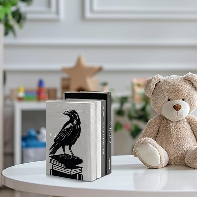 Peacoblue Metal Bookends for Shelves, Modern Decorative Heavy Duty Study Book Support Stoppers for Office, Desk, Shelf, Room 5.3"x4.3"x7.9" Cast Iron Simple Tall Bookends, 1 Pair (Crow on Book Stack)