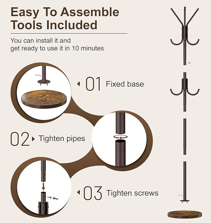 MISSLO Heavy Duty Coat Rack Freestanding with Stable Wood Base Modern Brown Coat Tree with 12 Hooks Adjustable Coats Hanger Stand Stylish Standing Clothes Tree for Entryway Bedroom Corner Hall