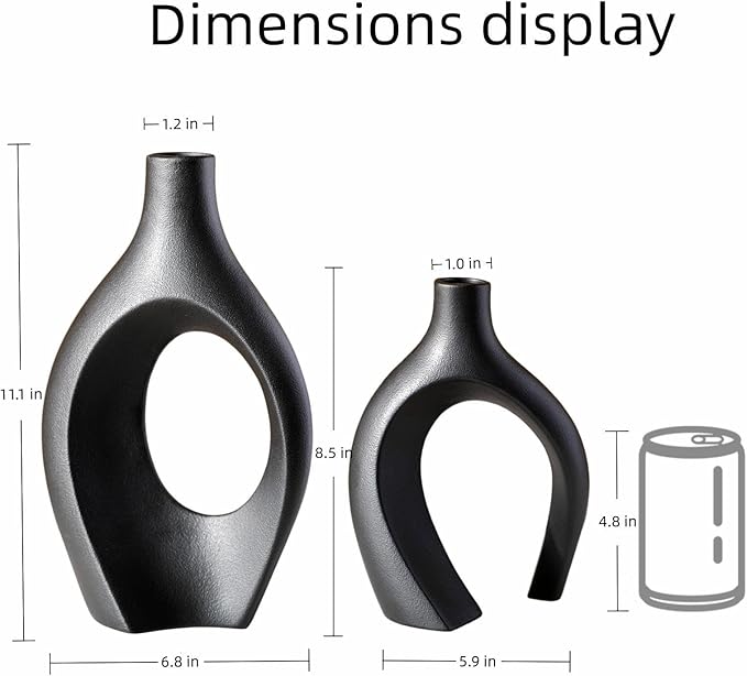 Liotww Extra LargeMatte Black Ceramic Vase Set of 2 Vase for Pampas Grass, Modern Circle Donut Aesthetic Flower Decorative Vases for Nordic Style Boho Home Decor (W 6.8" X H 11")