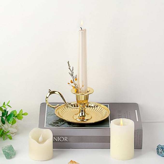 OwnMy 1 Vintage Candlestick Holder Decor, Antique Brass Taper Candle Holder with Carry Handle and Candle Drip Catcher Tray, Eleagnt Taper Candle Stand for Wedding Dining Table Centerpiece, Gold
