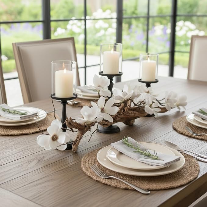 Magnolia Vine Driftwood Farmhouse Table Centerpiece - 3pc Candle Holder Set - Floral Table Decor for Dining Room, Living Room, Mantle & Weddings (Black)