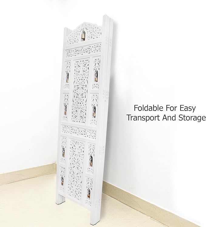 Room Divider Wood Screen - Ghanti Bells Antique White - 4 Panel Folding 72 x 80 - Assembled Hand Carved Decorative Functional Versatile Portable Partition Reversible Privacy Boho - COTTON CRAFT