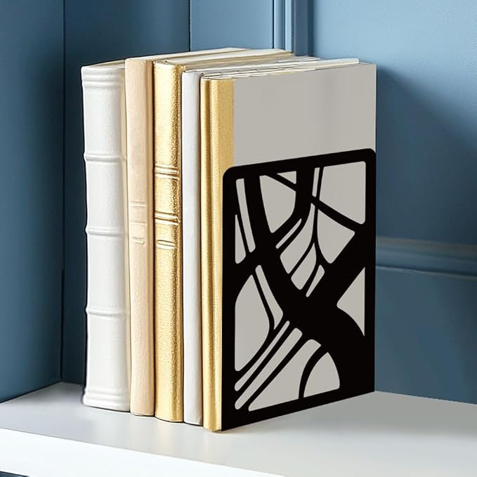 Black Abstract Book Shelf Decorative Bookends for Shelves, Book Ends for Heavy Books, Metal Bookends for Desk Organizer and CD Holder, Office Library Decor Decorative Books for Home Decor