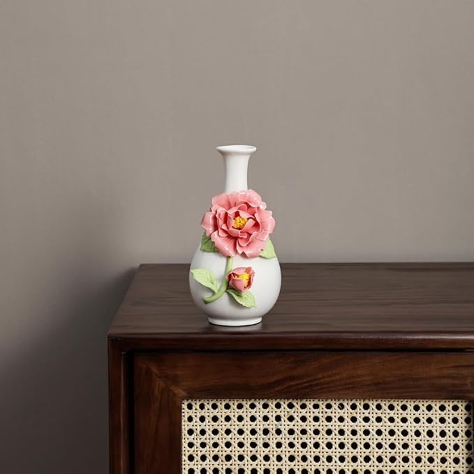 Ceramic Flower Vase Home Decor,Handmade Flowers Ceramic Aesthetic Flower for Home,Living Room,Dining Table,Farmhouse,Office Decor,Bedroom,Table and Kitchen Shelf (Red, Style A)