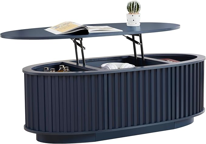 Oval Coffee Table, 43.3'' Fluted Lift Top Coffee Table with Hidden Storage Compartment, Mid Century Modern Dining Table Wooden Center Table for Living Room, Office, Small Spaces