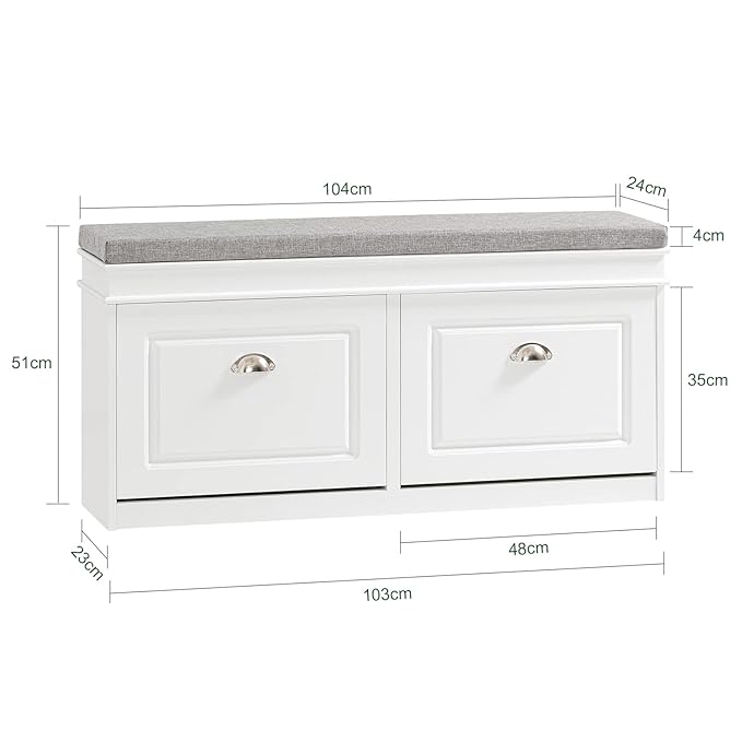 SoBuy White Storage Shoe Bench with 2 Flip Drawers, Hidden Shoe Bench, Free Standing Shoe Rack, Shoe Cabinet, Hallway Storage Bench with Seat Cushion FSR64-W