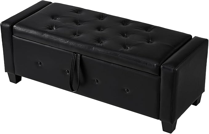 Furniliving 48" Ottoman with Storage, End of Bed Bench with Button-Tufted Large Upholstered Storage Ottoman Entryway Bench Storage Bench for Bedroom, Living Room, PU, Black