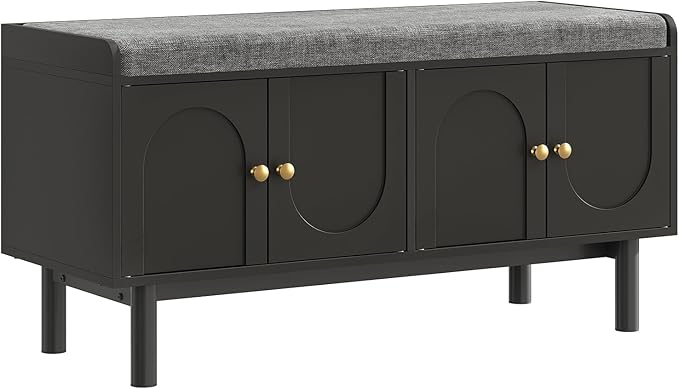 Shoe Storage Bench Set of 2, 2-Tier Entryway Bench with Cushion, 15" D x 39.4" W x 19.7" H, Shoe Cabinet Bench with 4 Doors and Adjustable Shelves, for Entryway, Hallway, Bedroom, Black