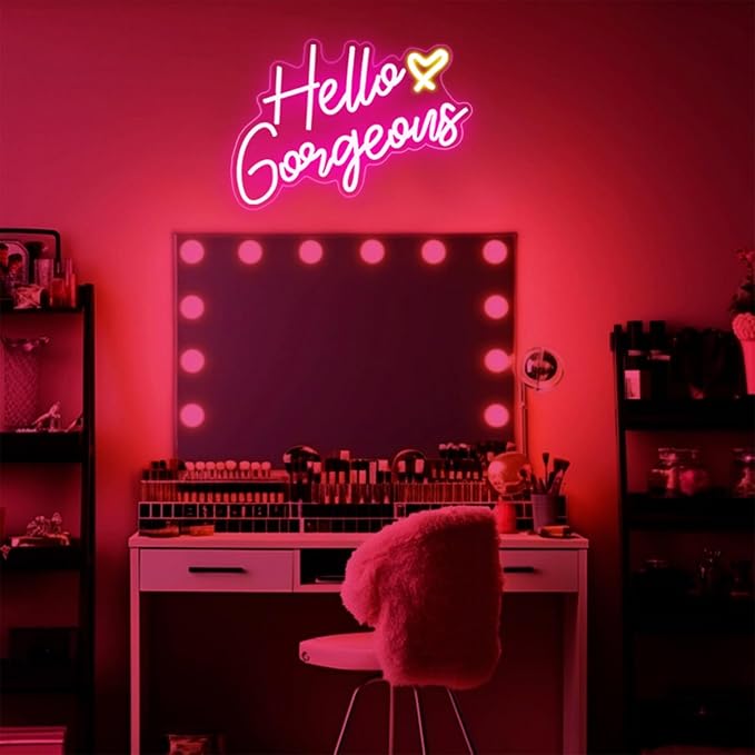 Hello Gorgeous Neon Sign Hello Beautiful Pink LED Neon Lights for Home Wedding Birthday Backdrop Bacelorette Party Wth Dimmable Switch(5V,16.5X10.6inches)