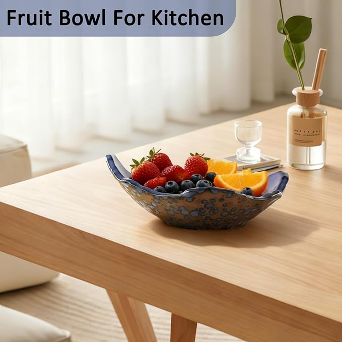8" Small Ceramic Decorative Bowl,Irregular Rim Reactive Glaze Key Bowls for Entryway Table,Blue Coffee Table Bowl Decor,Modern Fruit bowls for Tabletop or Home Decor