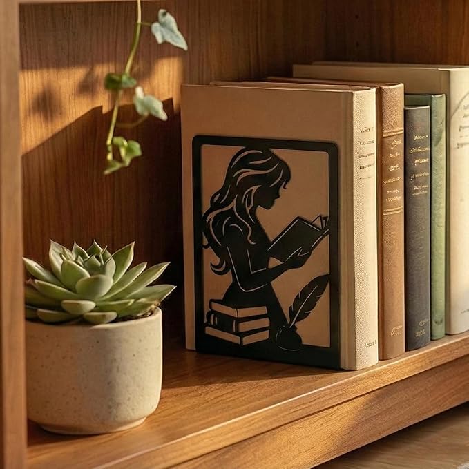 2 Pcs Metal Bookends, Unique Decorative Bookends with Reading Theme Cute Black Book Stopper for Multiple Home Styles Reading Room