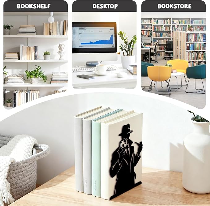 Peacoblue Metal Bookends for Shelves, Modern Decorative Heavy Duty Study Book Ends Stoppers for Office Desk Shelf Room 5.3"x4.3"x7.9" Cast Iron Tall Bookends 1 Pair (Detective with Magnifying Glass)