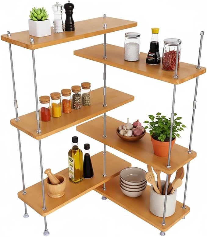 VINIUSIKI DIY Adjustable 6 Tier L-Shaped Countertop Shelf Organizer, Kitchen Spice Rack for Countertop, Wood Coffee Counter Shelf Organizer for Home Break Room- 15.7"x15.7"x24.01" (LxWxH), Amber