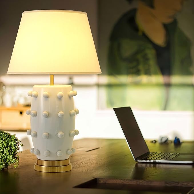 Modern Ceramic Linden Table Lamp - 30" White Ball Farmhouse Design, Classic Nightstand Large Linden Lamp Tapered Drum Shade for Living Room, Bedroom, Office, and Home (White)