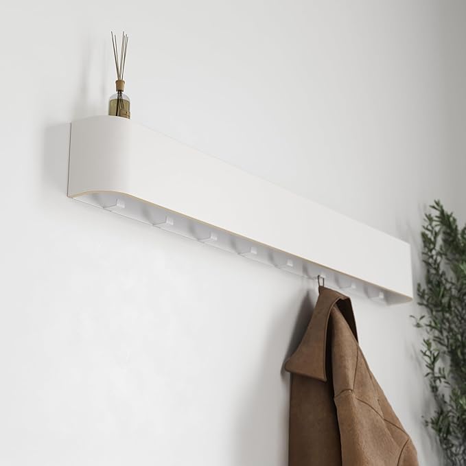 Kazai. Wall-Mounted Coat Rack 'Toke' - Modern Design Coat Rack with Hidden Wall Hooks - Solid Wood Veneer Panel Coat Hanger - White