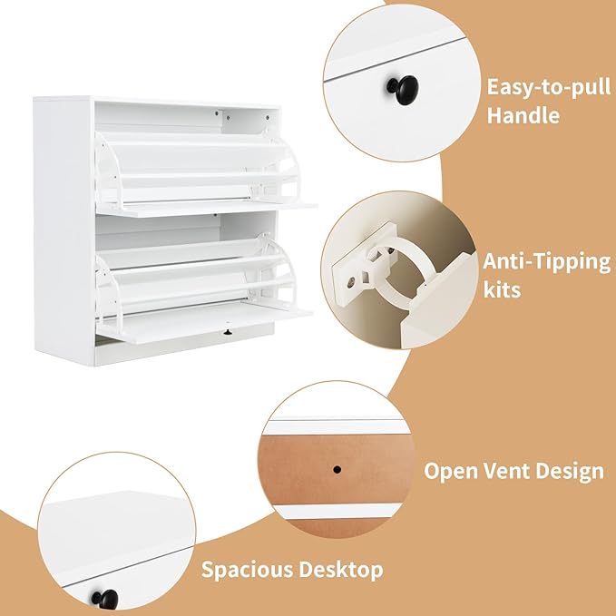 VOWNER Shoe Cabinet with 2 Flip Drawers, Shoe Storage Cabinet with 3-Tier Shoe Rack & Adjustable Shelves, Shoe Organizer for Entryway, Hallway, White