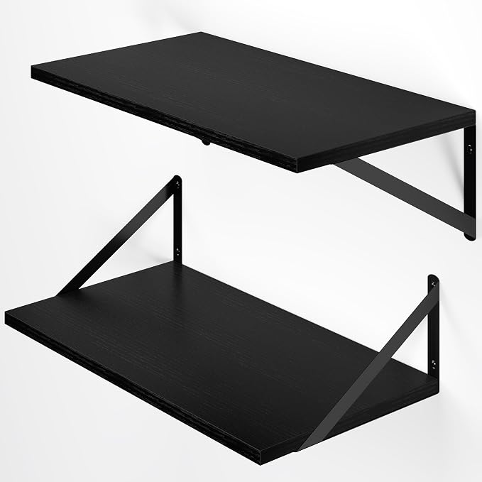 Heimlove Black Deep Floating Shelves for Wall, 20W x 12D Wood Wall Shelves Set of 2, Wide Floating Bookshelf for Living Room, Kitchen, Office, Bedroom and Decor Storage, with Metal Bracket - Black