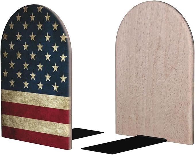 Ouqiuwa Vintage American Flag Wood Book Ends L-Shaped for Shelf Holders 2 Pcs, US Flag Book Organizers 4.2 * 6.7 Inches Decorative for Home Office Library