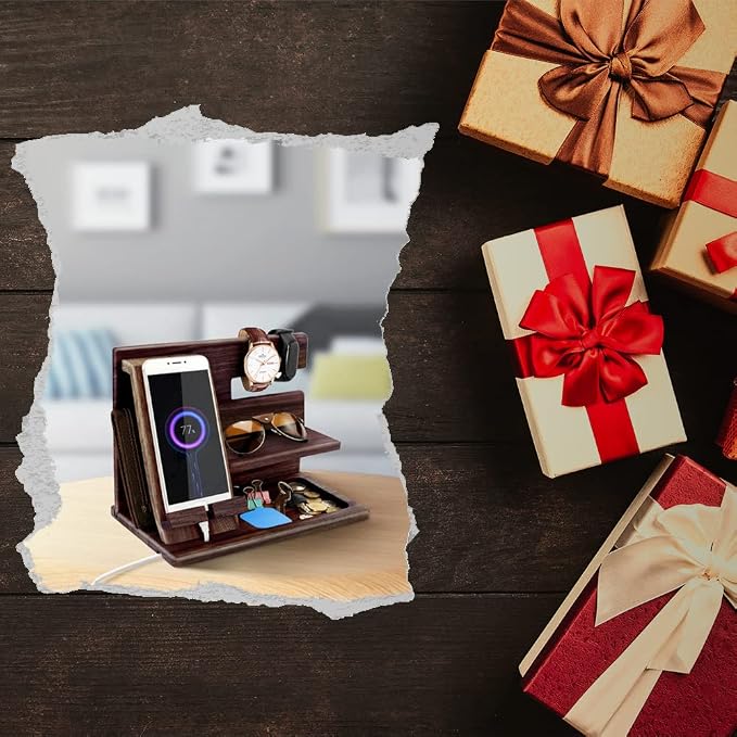 Gifts for Men Bedside Organiser Wood Phone Docking Station Dad Birthday Gifts for Him Nightstand Key Wallet Watch Stand Mens Gifts for Xmas Presents for Dad Husband Boyfriend Anniversary & Christmas