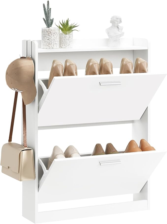 Shoe Cabinet Organizer with 2 Flip Drawers,Freestanding Shoe Rack Cabinet,Narrow Shoe Cabinet Storage for entryway,Foyer, Hallway, White, 23.6" W × 6.3" D × 33.1" H
