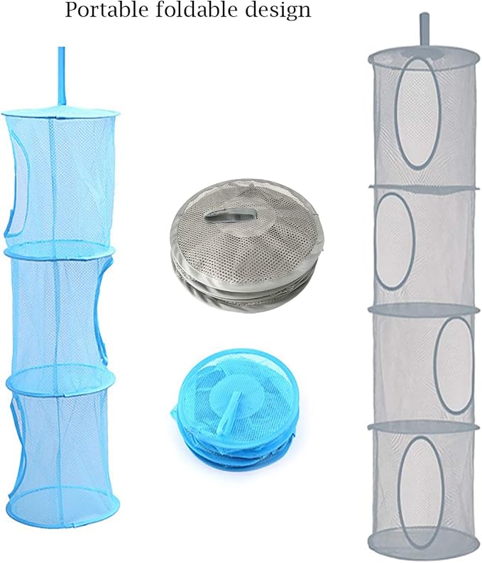 2pcs Hanging Mesh Storage Organizer Bag Foldable Space Saving Organizer with 2pcs S Hooks for Room Bathroom Wall Balcony Wardrobe(Grey,Blue)