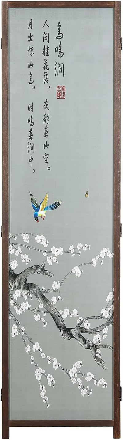 MyGift 4-Panel Asian-Inspired Folding Room Divider with Cherry Blossom Tree & Bird Design Poetry Calligraphy and Brown Wooden Frame 78''W x 70.5''H(6FT)