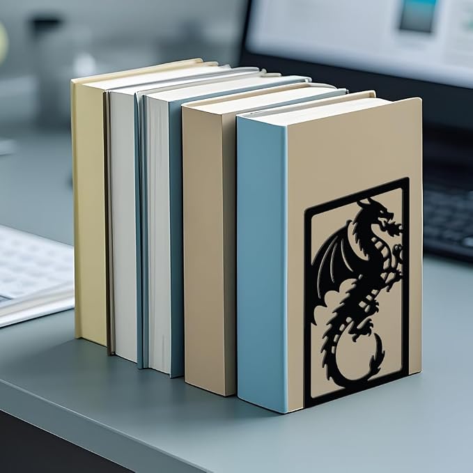 WADORN Creative Dragon Metal Bookends for Shelves Decorative 1 Pair, Heavy Duty Books End Support Non-Skid Book Holder Black L-Shaped Book Stopper for Home Office Desk Book Divider, 4.7x3.5x7 Inch