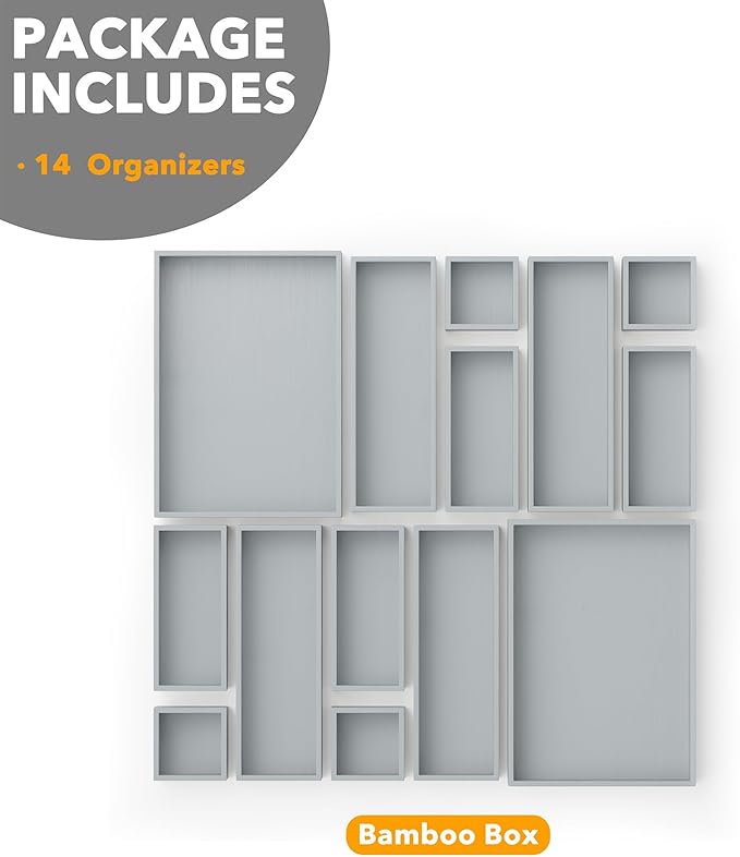 SpaceAid 14-Piece Bamboo Drawer Organizer Storage Boxes Set, Wood Tray Junk Drawer Organizers Multi-Use Divider Bins for Kitchen, Bathroom, Office Desk and Makeup Organization (14 Pack, Gray)