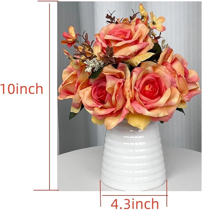 Artificial Rose Bouquet in White Ceramic Vase, Orange Silk Flowers with Decorative Leaves, Realistic Floral Arrangement for Home Decor
