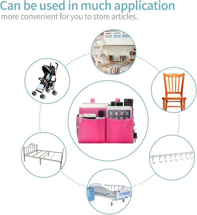 Bseash Bunk Bed Organizer, Bedside Caddy Hanging Bed Organizer Storage Bag with 4 Pockets and 2 Hooks, for College Dorm Rooms Bed, Hospital Bed, Baby Bed Rails, 600D Oxford Cloth (Pink)