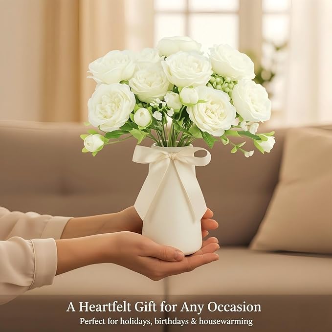 Ceramic Vase with Artificial Peony Flowers - Modern Farmhouse Home Decor Deals - Matte Ivory White Pottery Centerpiece for Living Room Coffee Table Bedroom Kitchen & Dining Gift