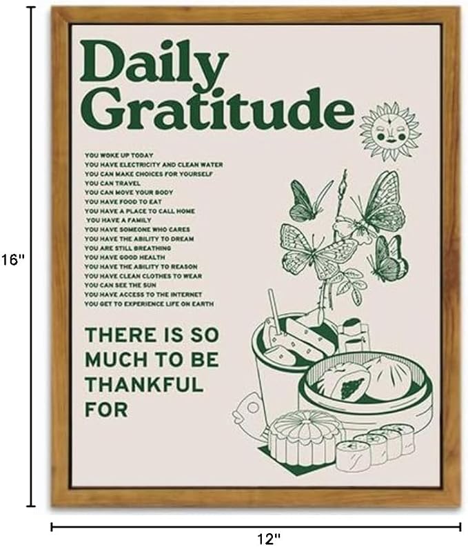 Framed Retro Poster for Room Aesthetic, Vintage Green Inspirational Quotes Canvas Wall Art, Daily Gratitude Posters for Room Aesthetic, Cute Sunflower Butterfly Retro Wall Decor for Bedroom,