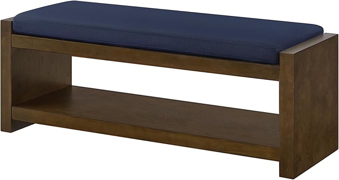 Accent Bench with Lower Shelf Shoe Rack, Padded Seating Bench for Living Room, Modern Compact Bed End Bench with Storage for Bedroom Seating, Removable Cushion (Navy Blue, 47" L)