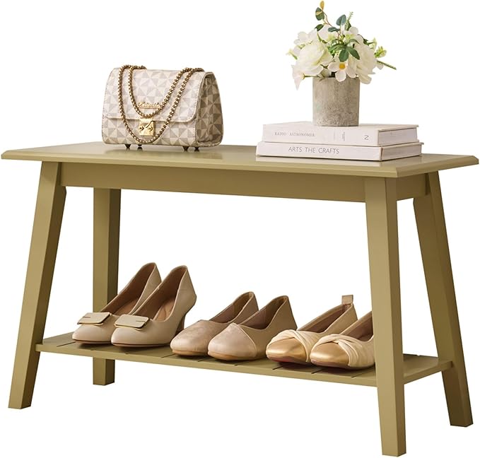 Kings Brand Furniture Delphi Wood Entryway Bench with Storage Shelf – Modern Accent Seating for Hallway, Bedroom, Living Room or Narrow Space-Saving Shoe Bench (Lemon Pepper)