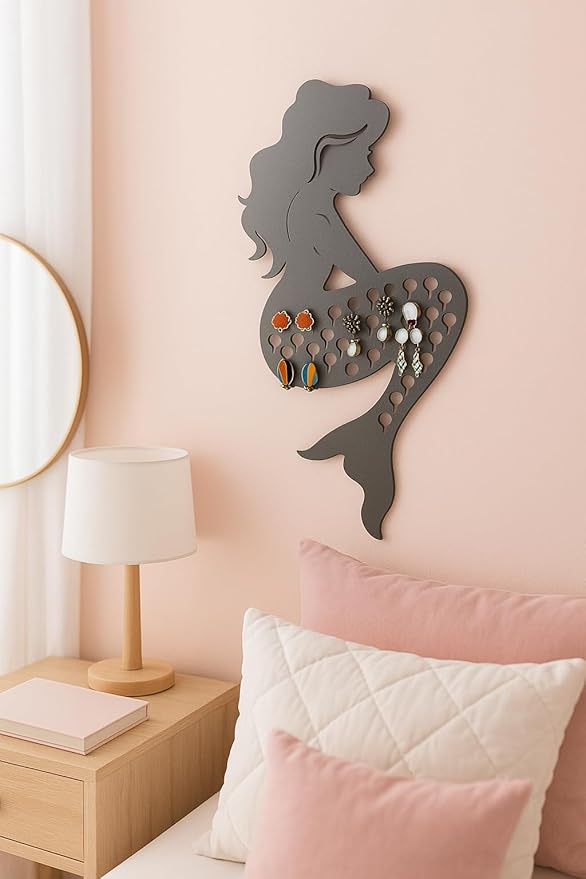 Mango Steam Slim Profile Wall-Mounted Jewelry & Earring Organizer (Mermaid, Black)