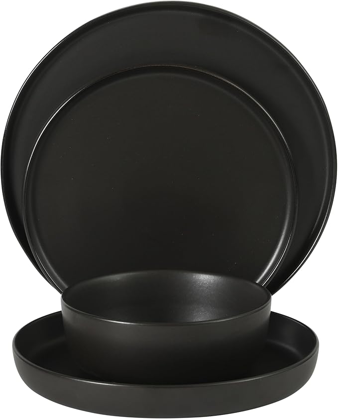 Gibson Elite Bayou Moon Plates and Bowls Sets, 16-Piece Black Matte Stoneware Dinnerware Sets, Solid Color Reactive Glaze Dish Set