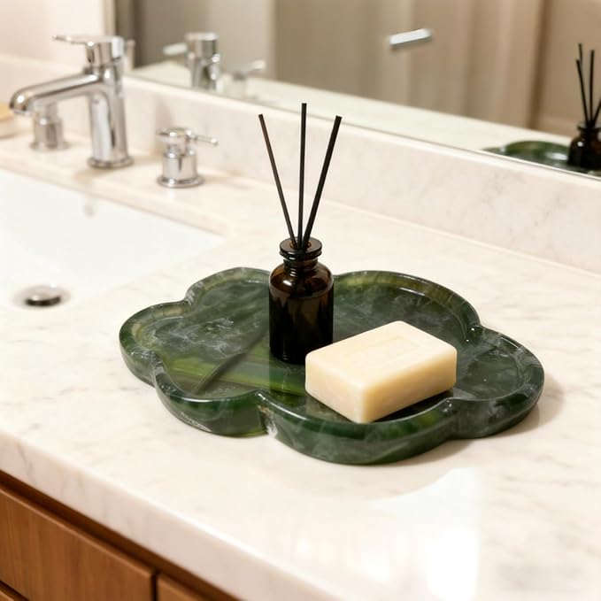 Natural Marble Tray Cloud Shape Vanity Trays, Jewelry Trays Holder Dish for Bathroom Countertop Home Decor Gift Green
