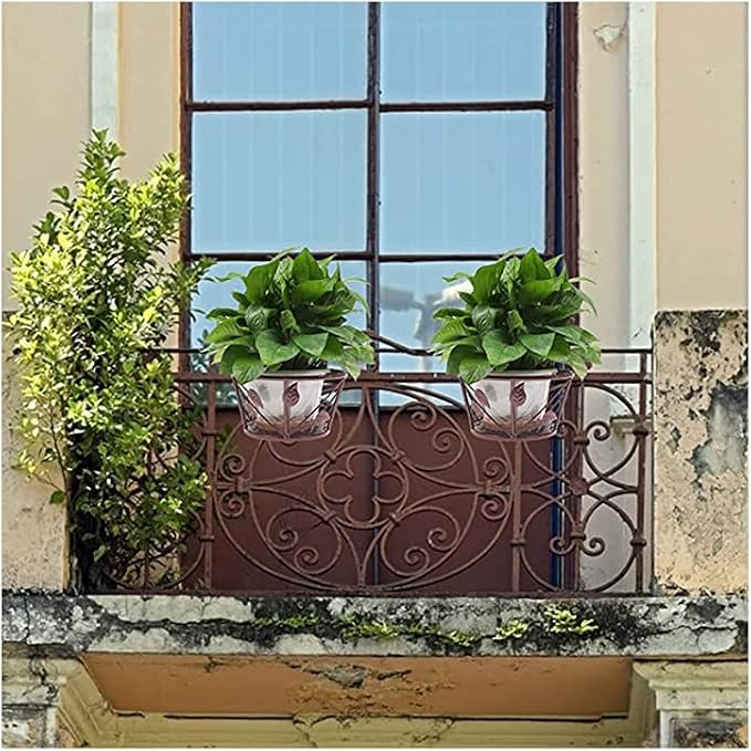 Iron Art Hanging Baskets Flower Pot Holder, Holder Plant Holder Over The Rail Metal Fence Planters for Patio Balcony Porch or Fence (1pcs Bronze Leaves)