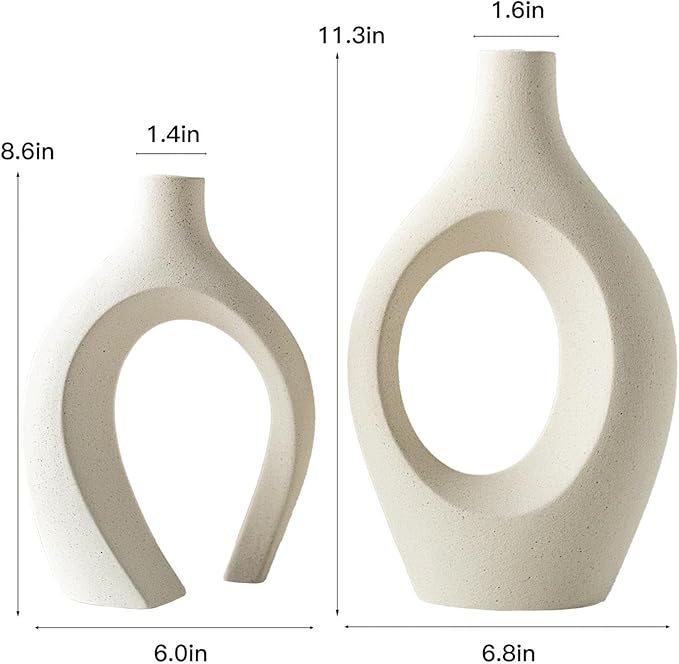 Snuggle Hollow XL Cream White Ceramic Vase Set of 2 for Coffee Table Decor, Modern Minimalist Aesthetic Donut Floral Vases, for Home Living Room Entryway Table Shelves Decorative (W 6.8" X H 11")