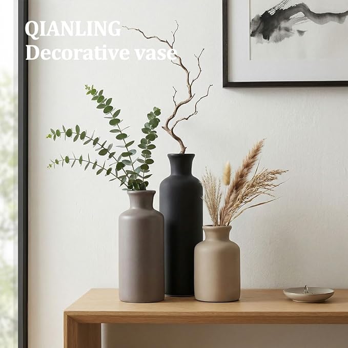 Ceramic Vase Set of 3 - Modern Neutral Vases for Home Decor Rustic Farmhouse Decor Pampas Vase for Table Mantel Entryway Shelf Living Room Kitchen Bathroom