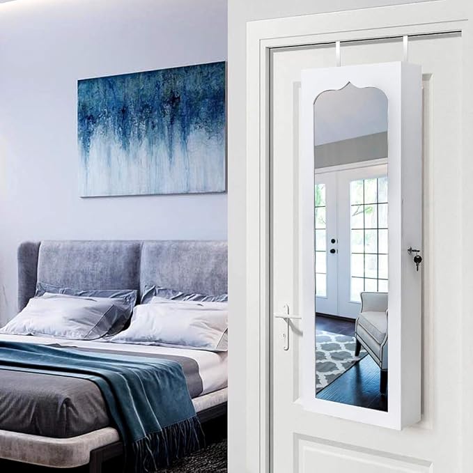Non Full Length Mirror Jewelry Cabinet - Wooden Wall Hanging Jewelry Organizer - Wall Mounted Jewelry Mirror Cabinet - Jewelry Armoire With Mirror - 4-Layer Shelf, 6 Drawers, 8 Blue LED Lights - White