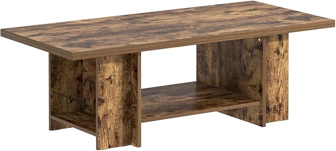 FOLUBAN Rustic Brown Coffee Table for Living Room, 2 Tier Low Center Table with Storage, Rectangle Cocktail Tea Table with Bottom Shelf & Side Shelves, 47 Inch