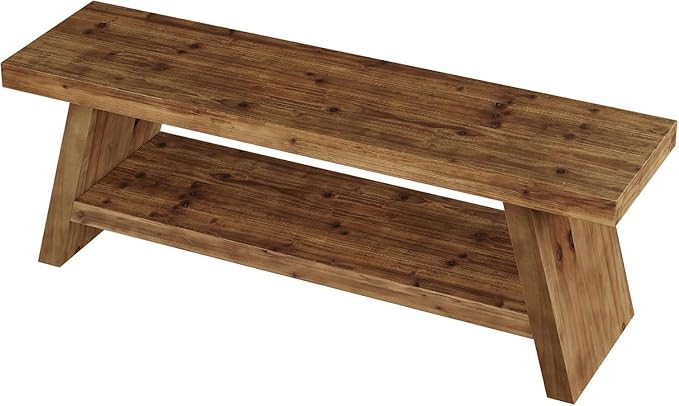 Entryway Bench with Shoe Storage, 2-Tier Hallway Solid Wood Seating with Open Shelves, Wooden Shoe Bench Indoor for Entryway, Living Room, Bedroom (Rustic Brown)