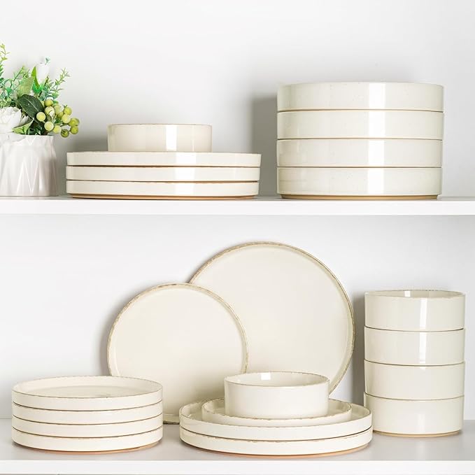AmorArc Ceramic Dinnerware Sets for 8, 24 Pieces Handpainted Plates and Bowls Set with Rustic Terracotta Underside, Scratch Resistant Stoneware Dishes Set, Dishwasher & Microwave Safe