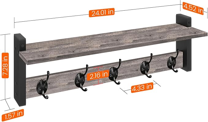 Homode Wall Hooks With Shelf, 24 Inch Coat Rack Wall Mount for Entryway, Clothes, Backpack, Key, Purse - Floating Shelf Hanging in Bathroom, Bedroom, Hallway, Rustic Grey