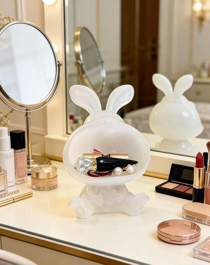 Rabbit Figurine Storage Tray with Color Changing Glow, Decorative Organizer for Jewelry and Small Items, Bedroom Bathroom Entryway Decor
