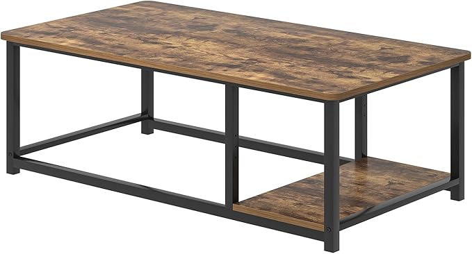 EXCEFUR Modern Coffee Table, Rustic Wood and Metal Living Room Table with Storage Shelf, Industrial Brown, 47 Inch